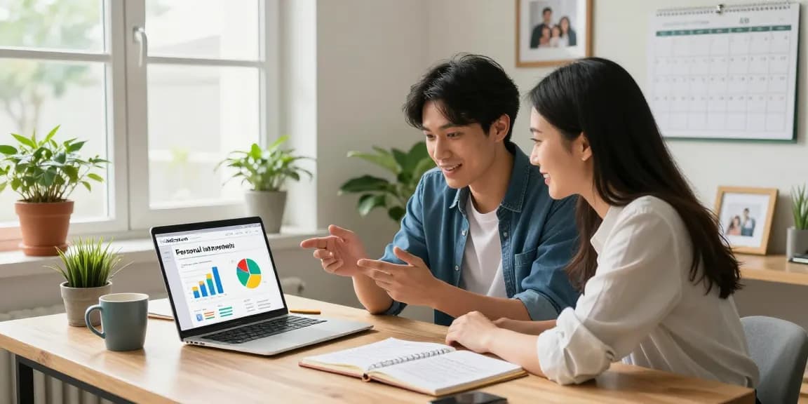 Couple exploring RadCred.com for personal loan options in a stylish home office.