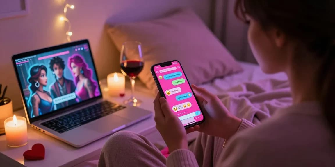 Engaging AI sexting interaction with a user on a smartphone in a romantic bedroom setting.