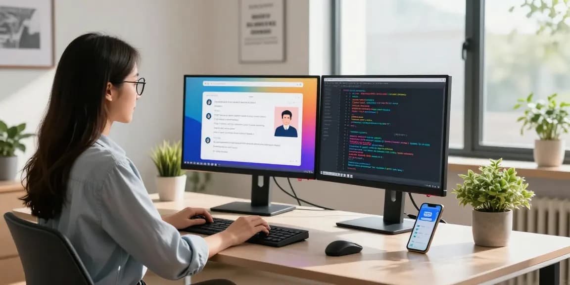 A tech workspace with a woman engaging with an AI assistant on her screen, showcasing a modern setting filled with productivity items.