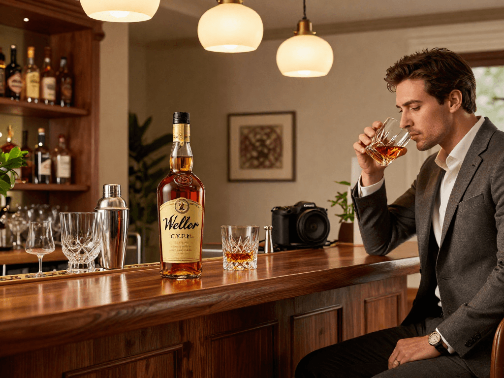 Sophisticated home bar scene with Weller CYPB Bourbon, gentleman savoring a neat pour, and elegant glassware.