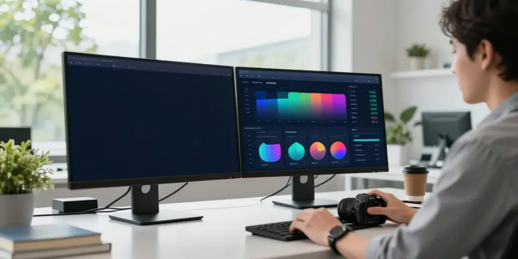 Marketer analyzing instant indexing data in a modern office setting.