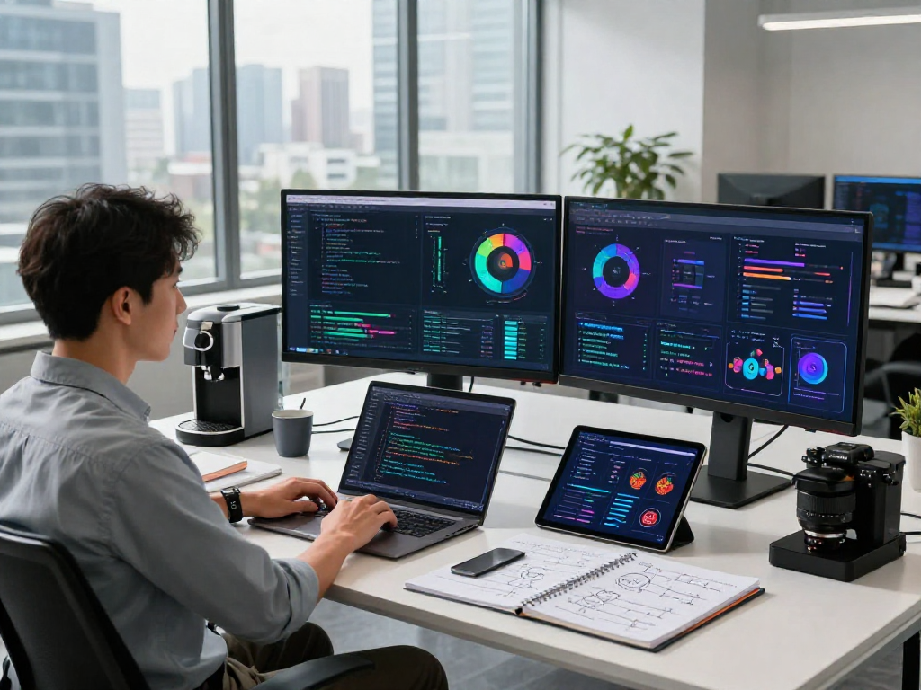 Data scientist analyzing spicy AI trends in a modern workspace with vibrant visualizations.