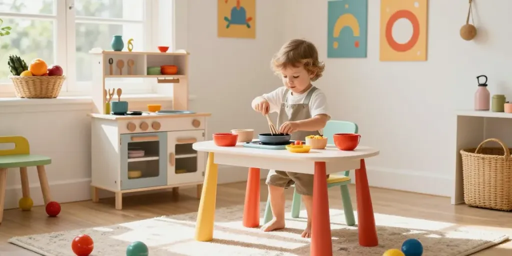 Kids kitchen playset with toddler cooking, colourful toys and cheerful decor