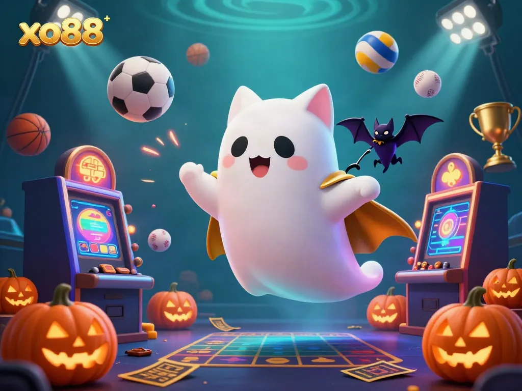 Uncover the excitement of gaming at xo88 with a playful ghost cat and dynamic sports elements.