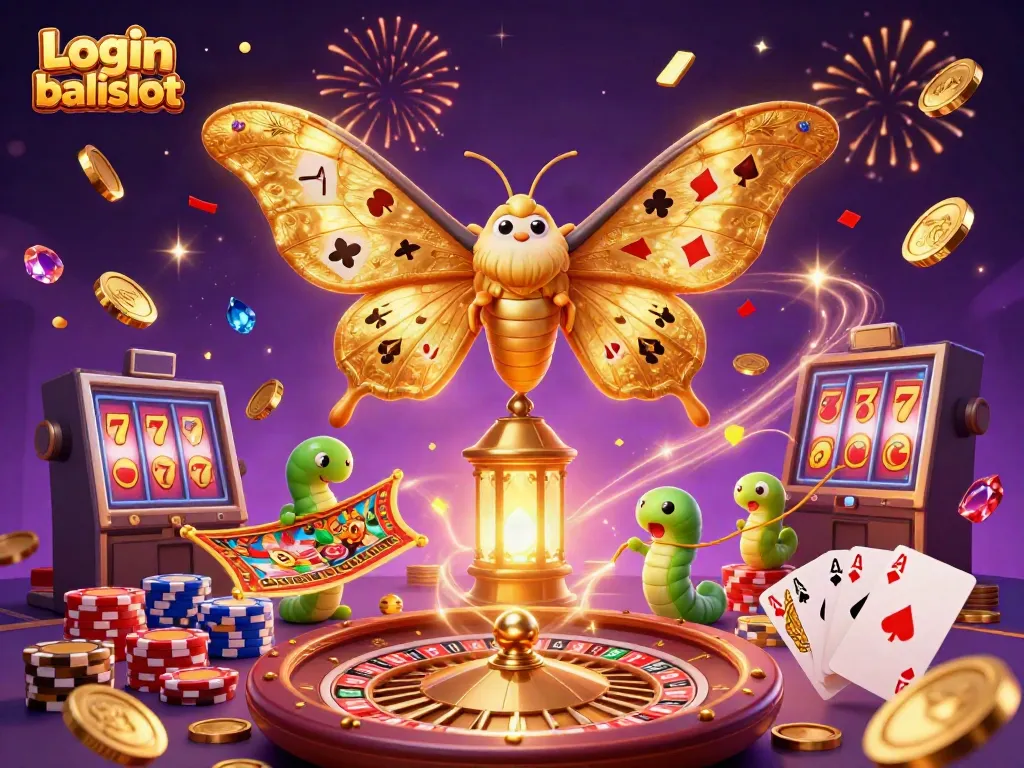 Experience the excitement of Login balislot with a vivid casino-themed illustration featuring a majestic moth and vibrant game elements.