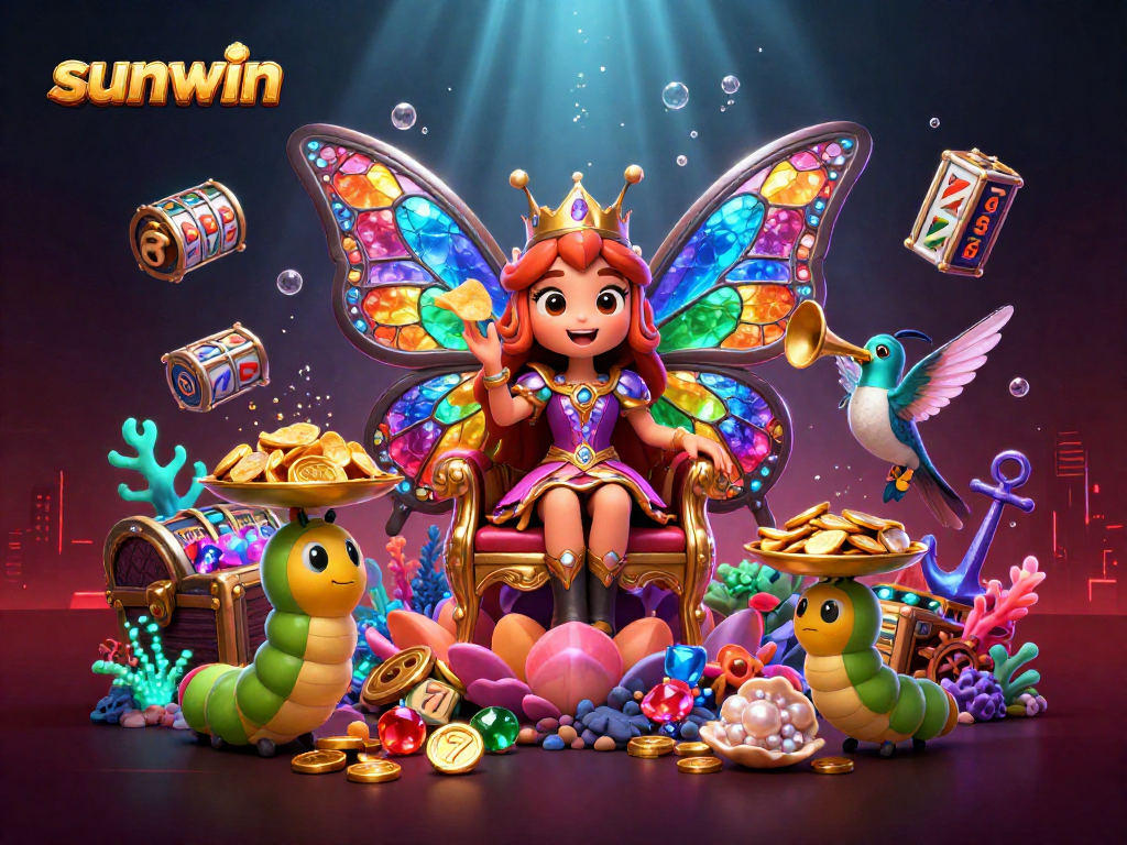 Bet big and win with sunwin at this vibrant casino-themed 3D illustration filled with slot reels.