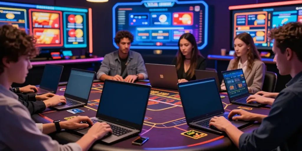 Engaged players enjoying online casinos that accept credit cards with smartphones and laptops in a vibrant digital gaming environment.