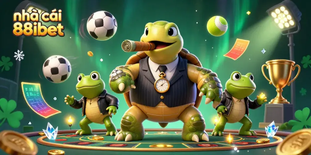 Gamblers enjoy a vibrant scene at nhà cái 88ibet, with game elements flying and lively characters.