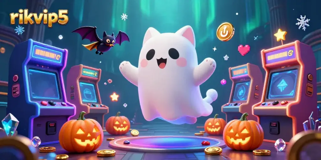 Experience thrilling gameplay at rikvip5 with a friendly ghost cat, bat companion, and glowing pumpkins in a haunted casino.
