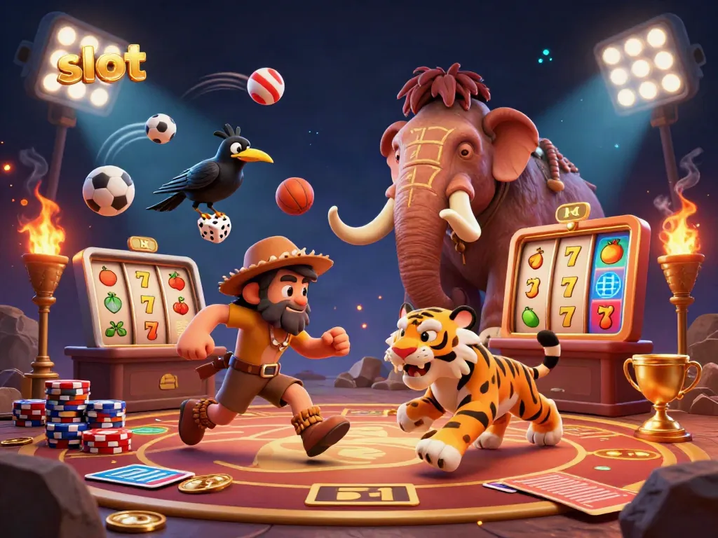 Engaging scene of slot machines and sports elements featuring animated caveman and sabertooth duo in a prehistoric casino.