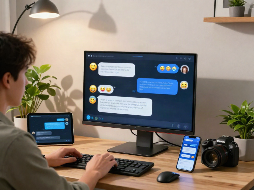 AI porn chat interaction scene with futuristic digital elements and cozy workspace.