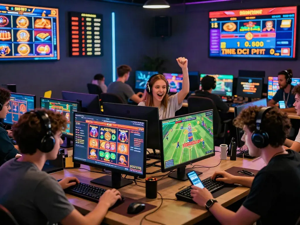 Players immersed in an exhilarating TX88 online gaming experience, surrounded by colorful graphics.