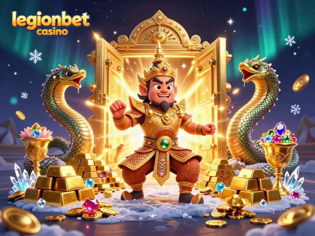 Experience the excitement of legionbet casino with a vibrant illustration of a guardian, treasures, and dynamic casino elements.