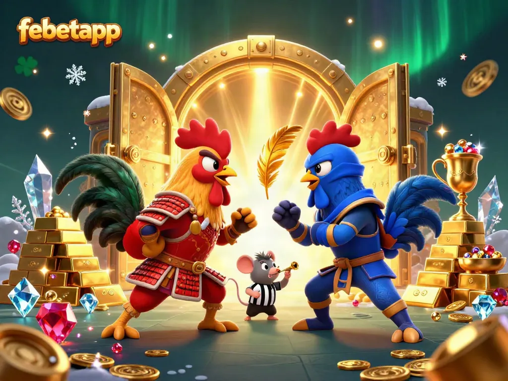 Bet on the feisty twin roosters in samurai armor and ninja gear at febetapp, surrounded by treasure and golden excitement.