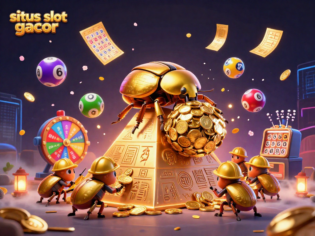 Experience the excitement of situs slot gacor with massive golden beetles rolling coins amidst vibrant casino elements.