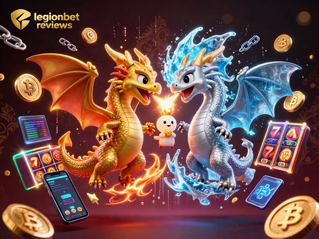 Experience the excitement of legionbet reviews showcasing dragons in a dynamic casino-themed illustration.