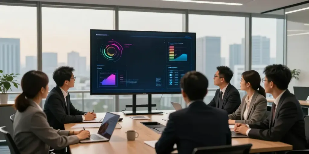 Corporate Security team meeting in a modern office, planning protection strategies.