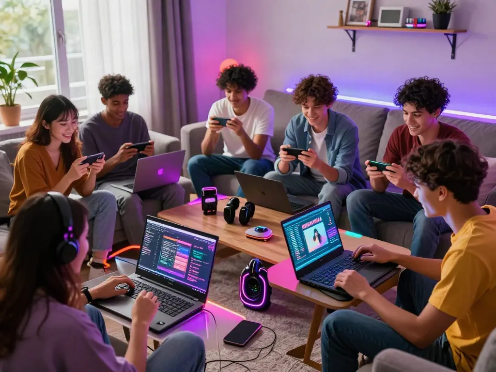 Engaging friends enjoying gaming experience with Uk88 in a vibrant living room