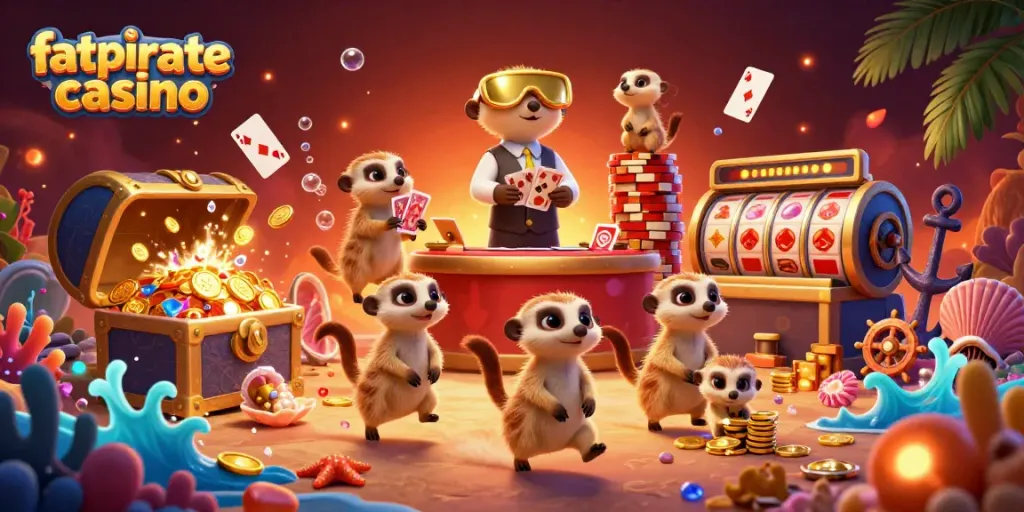 Experience thrilling gameplay at fatpirate casino with lively meerkats in a vibrant casino scene bursting with energy.