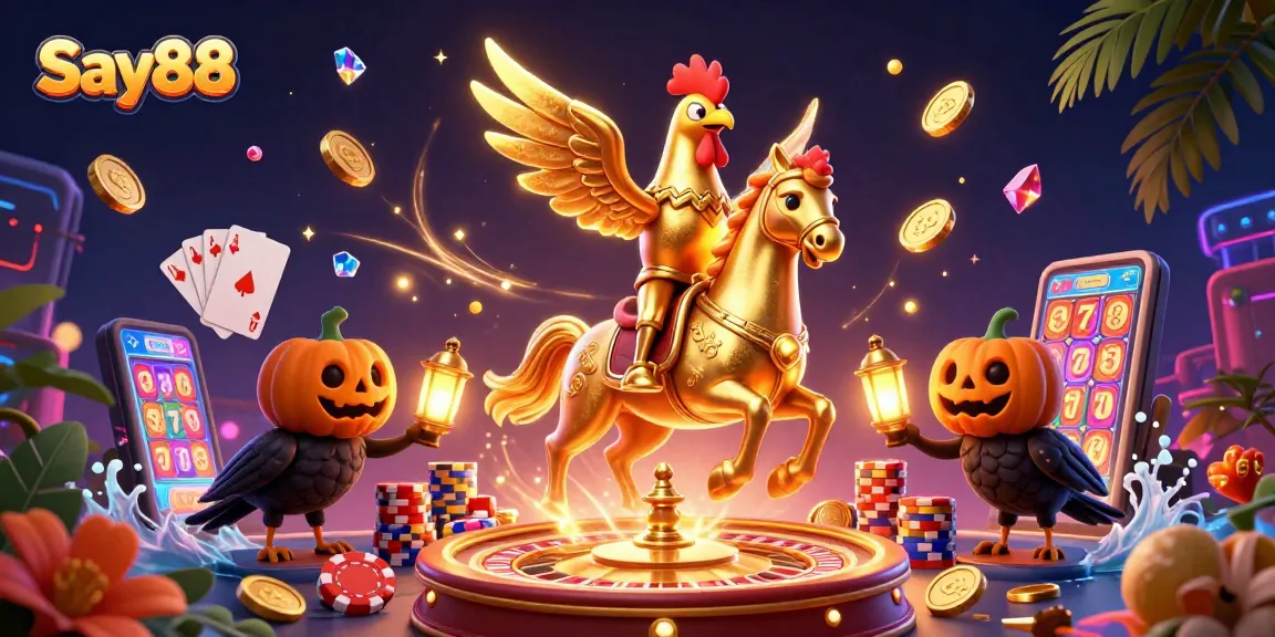 Experience thrilling gameplay at Say88 with a golden rooster, sparkling gems, and casino elements.