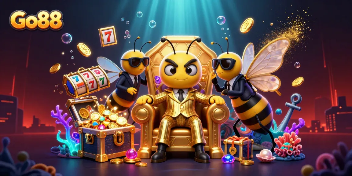 Engage with Go88's thrilling gaming atmosphere featuring a cartoon bumblebee mob boss in a vibrant casino scene.