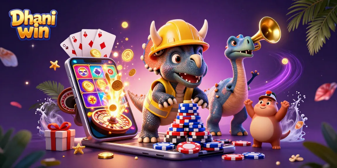 Dhani win showcases a dynamic casino scene with a cheerful triceratops and colorful slot games.