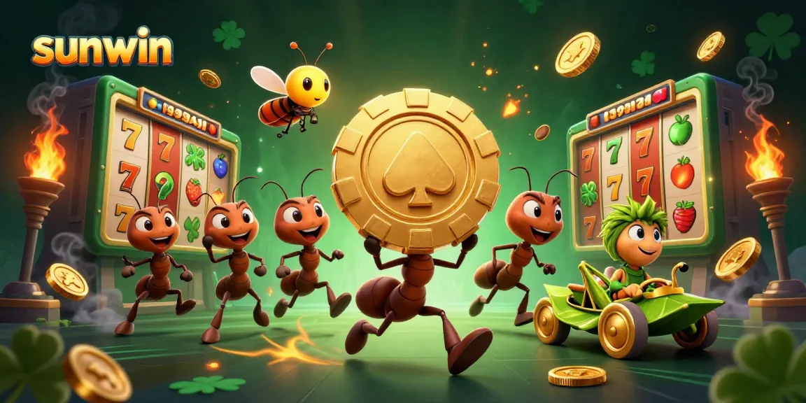 Sunwin ants execute a heist with a golden poker chip in a vibrant casino-themed scene.