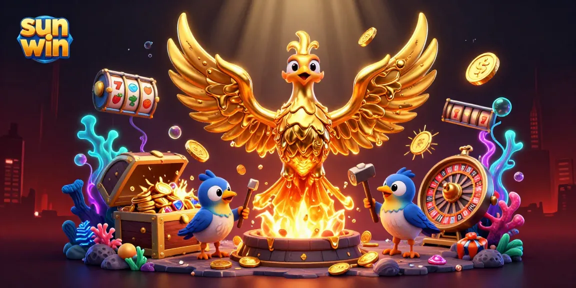 Engage with sun win through a vibrant 3D illustration showcasing a golden phoenix and slot elements.