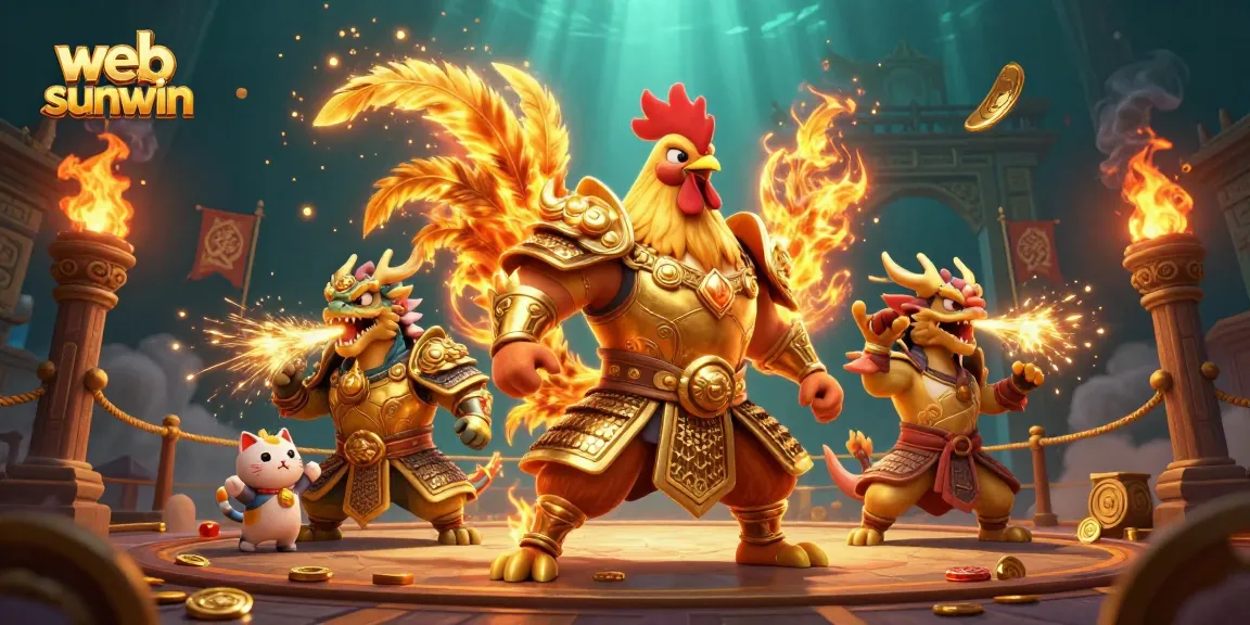 Experience victory at web sunwin with an action-packed 3D fighting scene featuring a rooster warrior and dragon hatchling.