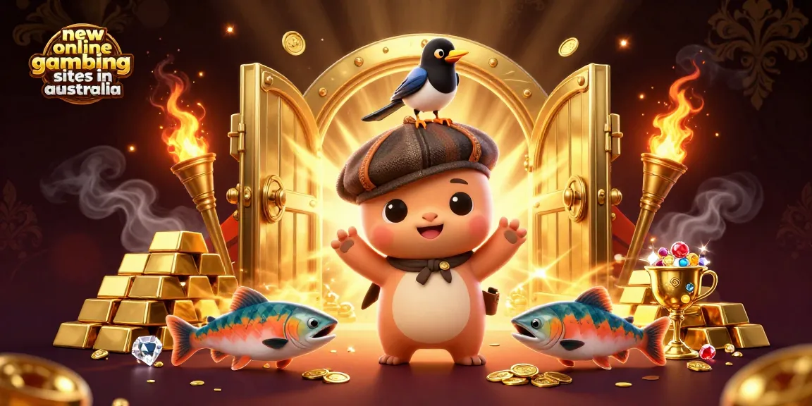 Catch exciting promotions at new online gambling sites in Australia, illustrated with vibrant characters and treasures.