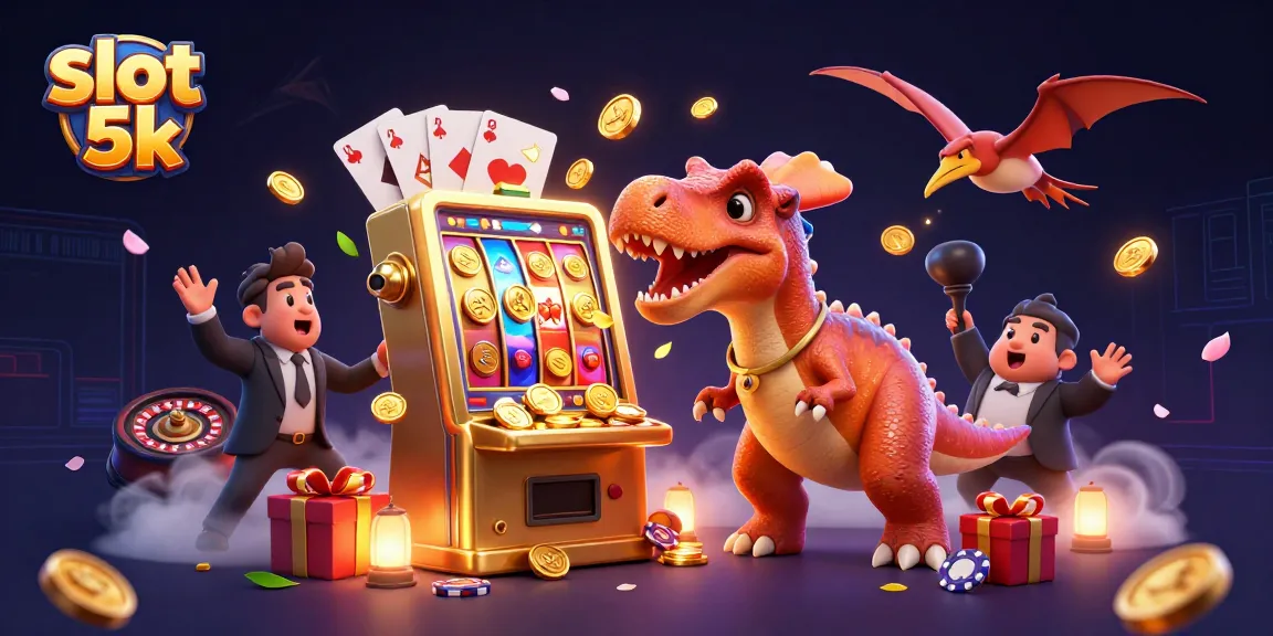 Catch the jackpot in slot 5k with thrilling reels and flying coins in a dynamic casino scene.