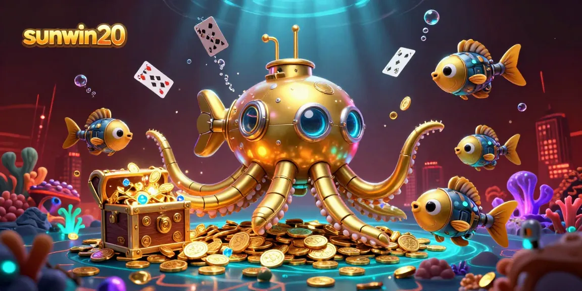 Experience the excitement of sunwin20 with a golden kraken submarine and mechanical fish, surrounded by treasure and adventure.