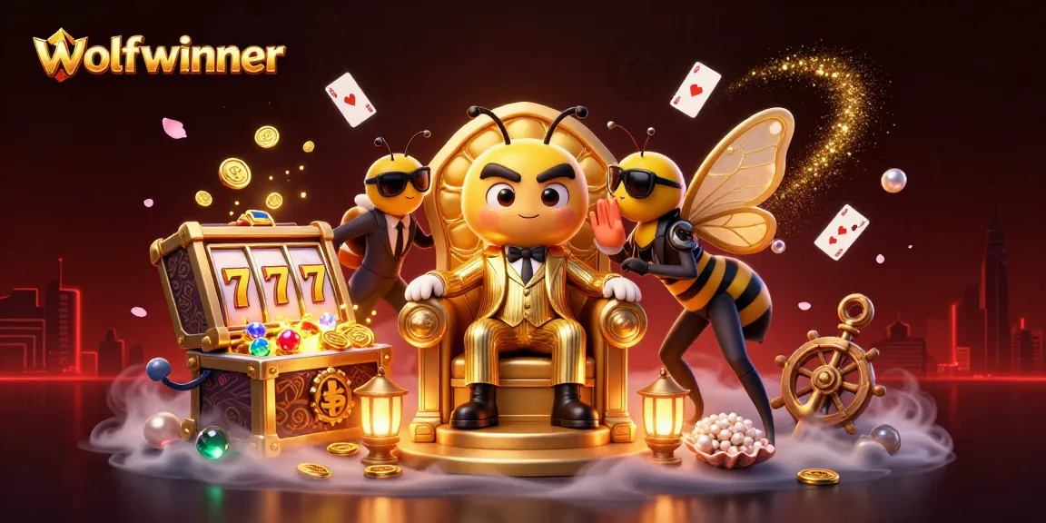 The wolfwinner casino features a vibrant scene with a mob boss bumblebee and slot game elements.