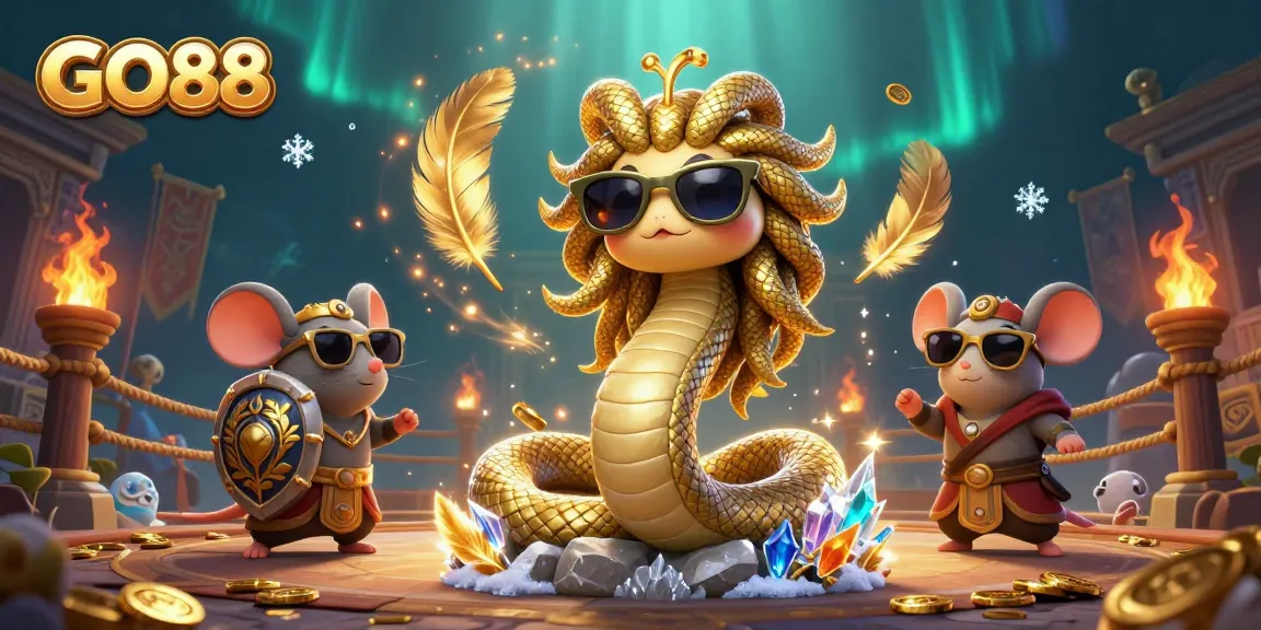 Engage in thrilling gaming at GO88 with a captivating 3D scene featuring Medusa, a warrior mouse, and dynamic casino elements.